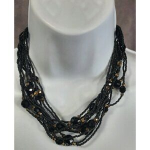 Glam Goth Black And Gold Tone Glass Multi-Strand Beaded Statement Necklace